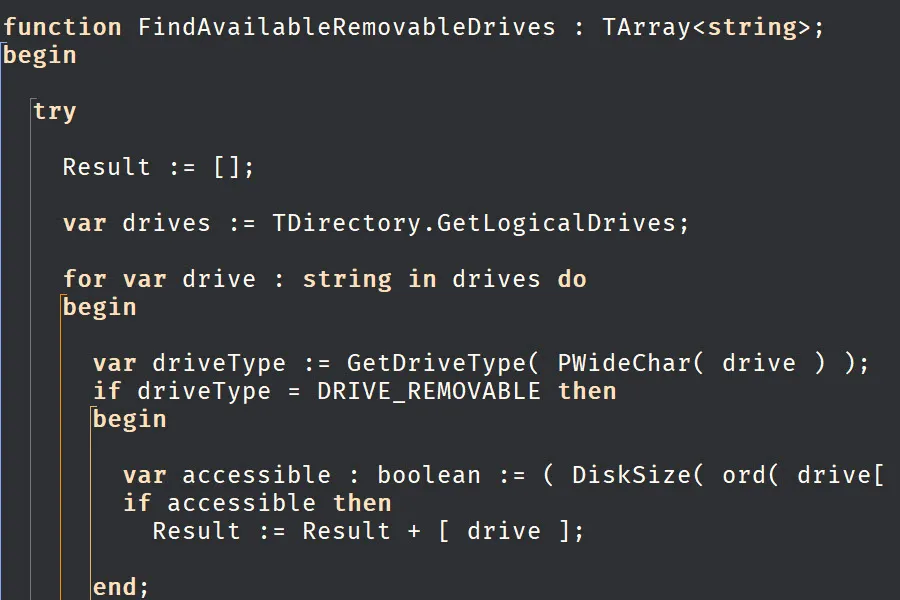 Delphi source code in an editor